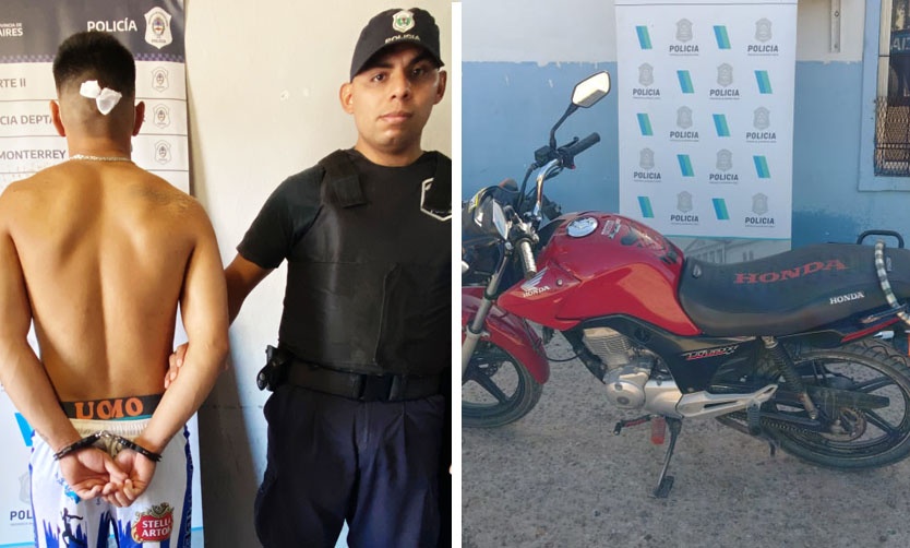 Foto de una pareja esposada y un oficial de policía.